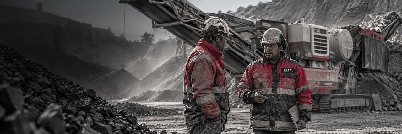 STAAL technicians talking next to a mobile crusher