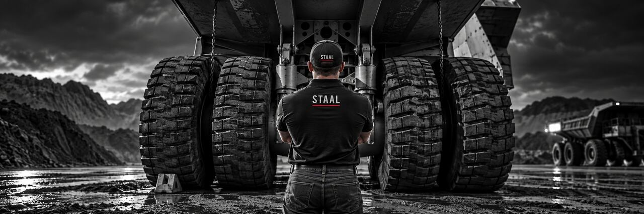 STAAL operator in front of the wheels of a mining haul truck